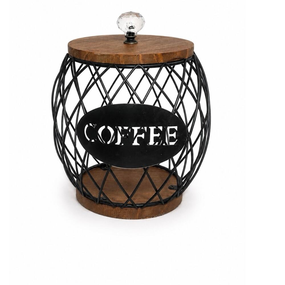 Coffee Pod Holder Black Wired with Wood Lid for Kitchen Countertop Coffee Bar